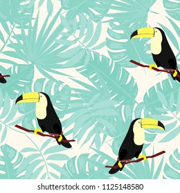 Tropical seamless pattern with toucan and leaves. Beautiful tropical leaves. Background with birds of the jungle for paper, covers, fabric.