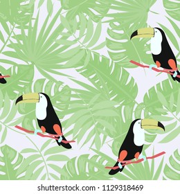 Tropical seamless pattern with toucan and leaves. Beautiful tropical leaves. Background with birds of the jungle for paper, covers, fabric.