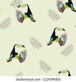 Tropical seamless pattern with toucan and leaves. Beautiful tropical leaves. Background with birds of the jungle for paper, covers, fabric.