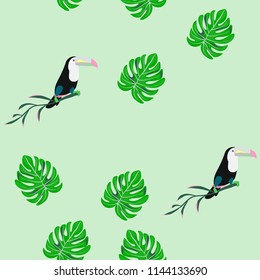 Tropical seamless pattern with toucan and leaves. Beautiful tropical leaves. Background with birds of the jungle for paper, covers, fabric.
