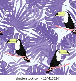 Tropical seamless pattern with toucan and leaves. Beautiful tropical leaves. Background with birds of the jungle for paper, covers, fabric.