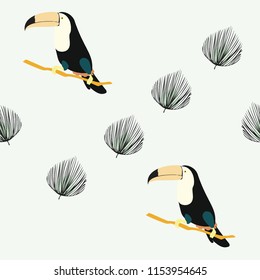 Tropical seamless pattern with toucan and leaves. Beautiful tropical leaves. Background with birds of the jungle for paper, covers, fabric.