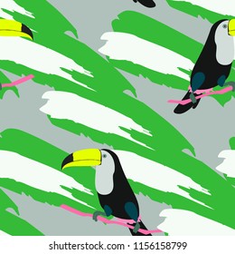 Tropical seamless pattern with toucan and leaves. Beautiful tropical leaves. Background with birds of the jungle for paper, covers, fabric.