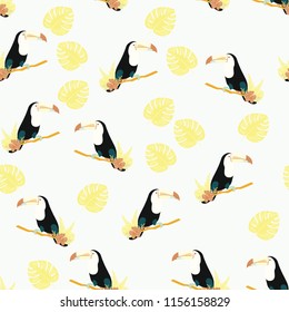 Tropical seamless pattern with toucan and leaves. Beautiful tropical leaves. Background with birds of the jungle for paper, covers, fabric.