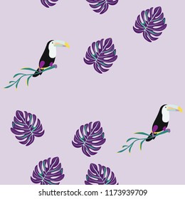Tropical seamless pattern with toucan and leaves. Beautiful tropical leaves. Background with birds of the jungle for paper, covers, fabric.