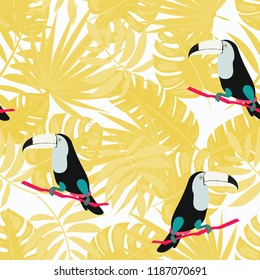 Tropical seamless pattern with toucan and leaves. Beautiful tropical leaves. Background with birds of the jungle for paper, covers, fabric.