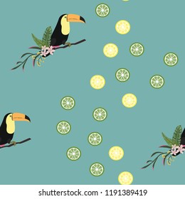 Tropical seamless pattern with toucan, tropical leaves and citrus. Lemon and lime. Summer background with tropical birds.