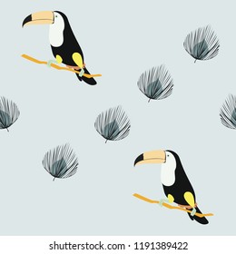 Tropical seamless pattern with toucan and leaves. Beautiful tropical leaves. Background with birds of the jungle for paper, covers, fabric.