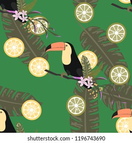 Tropical seamless pattern with toucan, tropical leaves and citrus. Lemon and lime. Summer background with tropical birds.