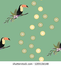 Tropical seamless pattern with toucan, tropical leaves and citrus. Lemon and lime. Summer background with tropical birds.