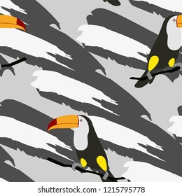 Tropical seamless pattern with toucan and leaves. Beautiful tropical leaves. Background with birds of the jungle for paper, covers, fabric.