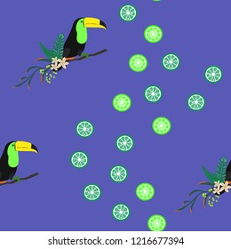 Tropical seamless pattern with toucan, tropical leaves and citrus. Lemon and lime. Summer background with tropical birds.