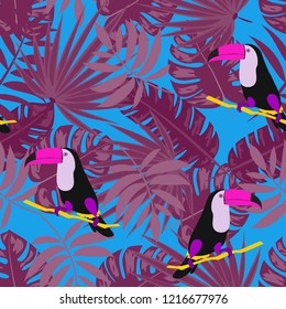 Tropical seamless pattern with toucan and leaves. Beautiful tropical leaves. Background with birds of the jungle for paper, covers, fabric.