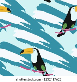 Tropical seamless pattern with toucan and leaves. Beautiful tropical leaves. Background with birds of the jungle for paper, covers, fabric.