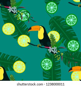 Tropical seamless pattern with toucan, tropical leaves and citrus. Lemon and lime. Summer background with tropical birds.