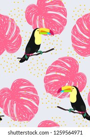 Tropical seamless pattern with toucan and leaves. Beautiful tropical leaves. Background with birds of the jungle for paper, covers, fabric.