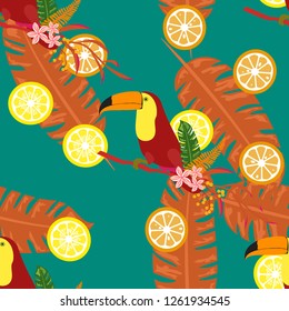 Tropical seamless pattern with toucan, tropical leaves and citrus. Lemon and lime. Summer background with tropical birds.