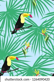 Tropical seamless pattern with toucan and leaves. Beautiful background with tropical leaves. Birds of the jungle. For covers, paper, wallpaper and fabric.