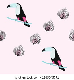 Tropical seamless pattern with toucan and leaves. A tropical forest with birds. Stylish tropical background with toucan.