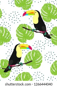 Tropical seamless pattern with toucan and leaves. Beautiful background with tropical leaves. Birds of the jungle. For covers, paper, wallpaper and fabric.