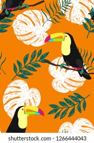 Tropical seamless pattern with toucan and leaves. Beautiful background with tropical leaves. Birds of the jungle. For covers, paper, wallpaper and fabric.