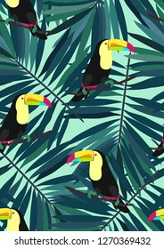 Tropical seamless pattern with toucan and leaves. Beautiful background with tropical leaves. Birds of the jungle. For covers, paper, wallpaper and fabric.