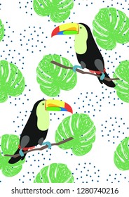 Tropical seamless pattern with toucan. Tropical leaves with exotic birds.