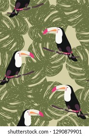 Tropical seamless pattern with toucan. Tropical leaves with exotic birds. Hawaiian plants. Botanical background for covers, wallpapers and fabrics.