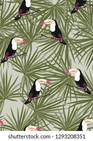 Tropical seamless pattern with toucan. Tropical leaves with exotic birds. Hawaiian plants. Botanical background for covers, wallpapers and fabrics.