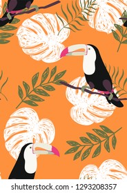 Tropical seamless pattern with toucan. Tropical leaves with exotic birds. Hawaiian plants. Botanical background for covers, wallpapers and fabrics.