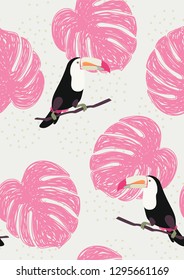 Tropical seamless pattern with toucan. Tropical leaves with exotic birds. Hawaiian plants. Botanical background for covers, wallpapers and fabrics.