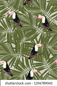 Tropical seamless pattern with toucan. Tropical leaves with exotic birds. Hawaiian plants. Botanical background for covers, wallpapers and fabrics.