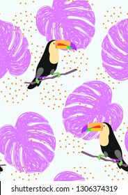 Tropical seamless pattern with toucan. Tropical leaves with exotic birds. Hawaiian plants. Botanical background for covers, wallpapers and fabrics.