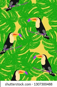 Tropical seamless pattern with toucan. Tropical leaves with exotic birds. Hawaiian plants. Botanical background for covers, wallpapers and fabrics.