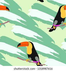 Tropical seamless pattern with toucan. Tropical leaves with exotic birds. Hawaiian plants. Botanical background for covers, wallpapers and fabrics.