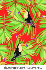 Tropical seamless pattern with toucan. Tropical leaves with exotic birds. Hawaiian plants. Botanical background for covers, wallpapers and fabrics.