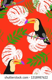 Tropical seamless pattern with toucan. Tropical leaves with exotic birds. Hawaiian plants. Botanical background for covers, wallpapers and fabrics.