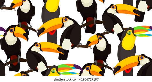 Tropical seamless pattern with Toucan parrot birds. Vector illustration for summer design tropical paradise, advertising vacation, fabrics, zoo ad, nature reserve, to illustrate books about wildlife