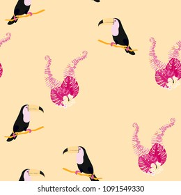 Tropical seamless pattern with toucan and plants. Leaves of palm, monstera. Background with tropical birds.