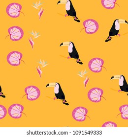 Tropical seamless pattern with toucan and plants. Leaves of palm, monstera. Background with tropical birds.