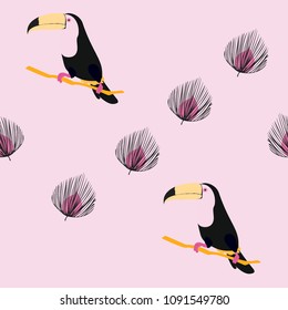 Tropical seamless pattern with toucan and plants. Leaves of palm, monstera. Background with tropical birds.