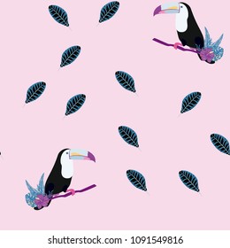 Tropical seamless pattern with toucan and plants. Leaves of palm, monstera. Background with tropical birds.