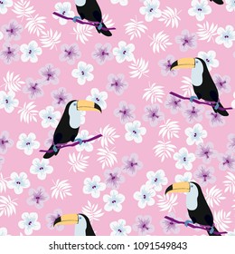 Tropical seamless pattern with toucan and plants. Leaves of palm, monstera. Background with tropical birds.