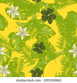 Tropical seamless pattern with toucan and plants. Leaves of palm, monstera. Background with tropical birds.