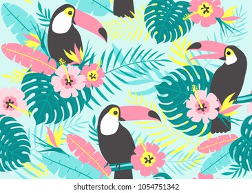 Tropical seamless pattern with toucans, exotic leaves and flowers. Vector illustration