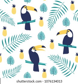 Tropical seamless pattern with toucans, exotic leaves and  pineapples. Vector illustration