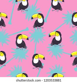 Tropical seamless pattern with toucans, exotic leaves . Vector illustration