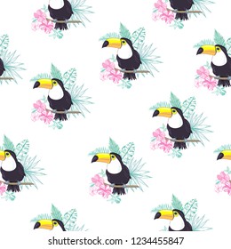 Tropical seamless pattern with toucans, exotic leaves . Vector illustration