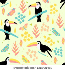 Tropical seamless pattern with toucans, exotic leaves, flowers, butterflies. Vector illustration