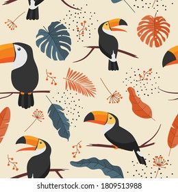 Tropical seamless pattern with toucans, exotic leaves and flowers. Vector illustration